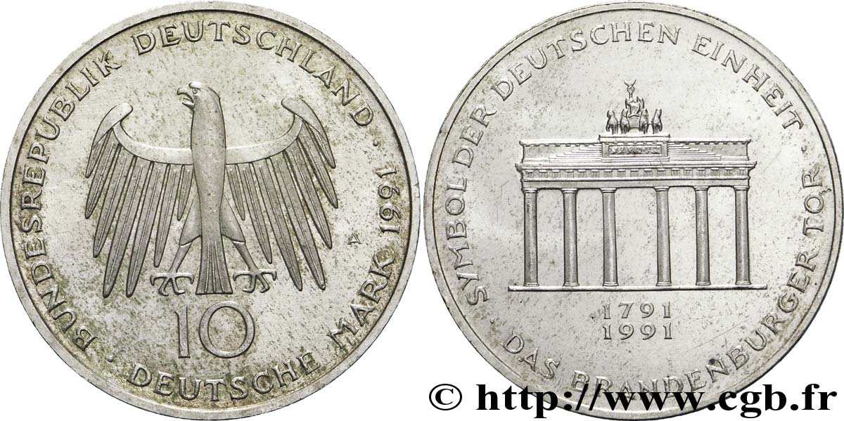 DEUTSCHLAND 10 Mark aigle héraldique / porte de Brandebourg 1991 Berlin VZ 