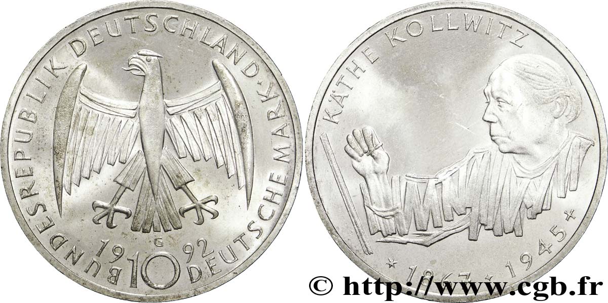 ALEMANIA 10 Mark aigle héraldique / Käthe Kollwitz 1992 Karlsruhe - G EBC 