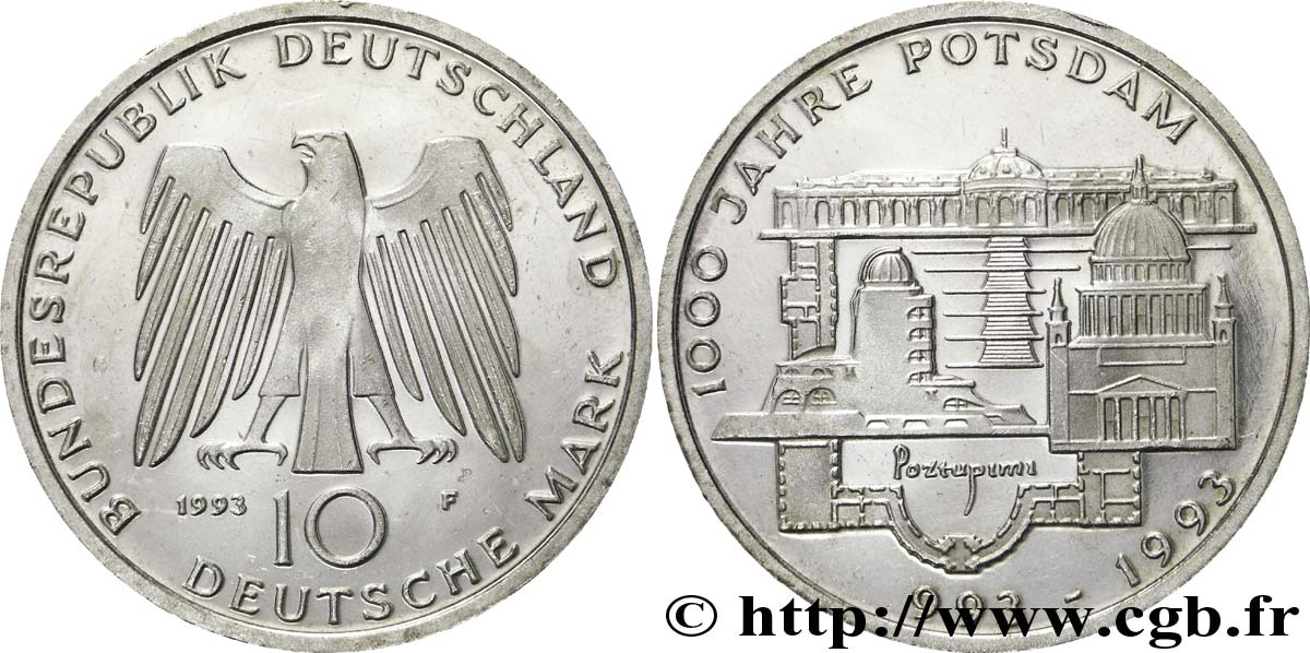 ALEMANIA 10 Mark aigle héraldique / millénaire de la fondation de Potsdam 1993 Stuttgart - F EBC 