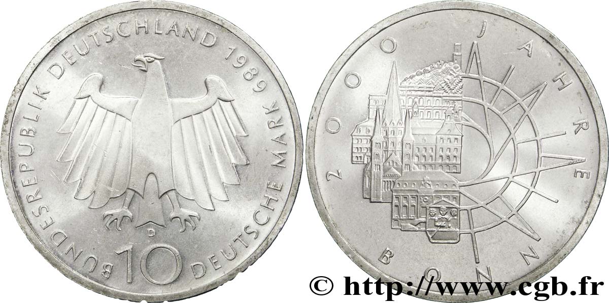 GERMANIA 10 Mark aigle héraldique / 2000e anniversaire de la fondation de Bonn 1989 Munich - D SPL 
