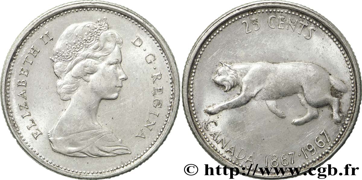 CANADA 25 Cents centenaire de la Confédération, Elisabeth II / lynx 1967  AU 