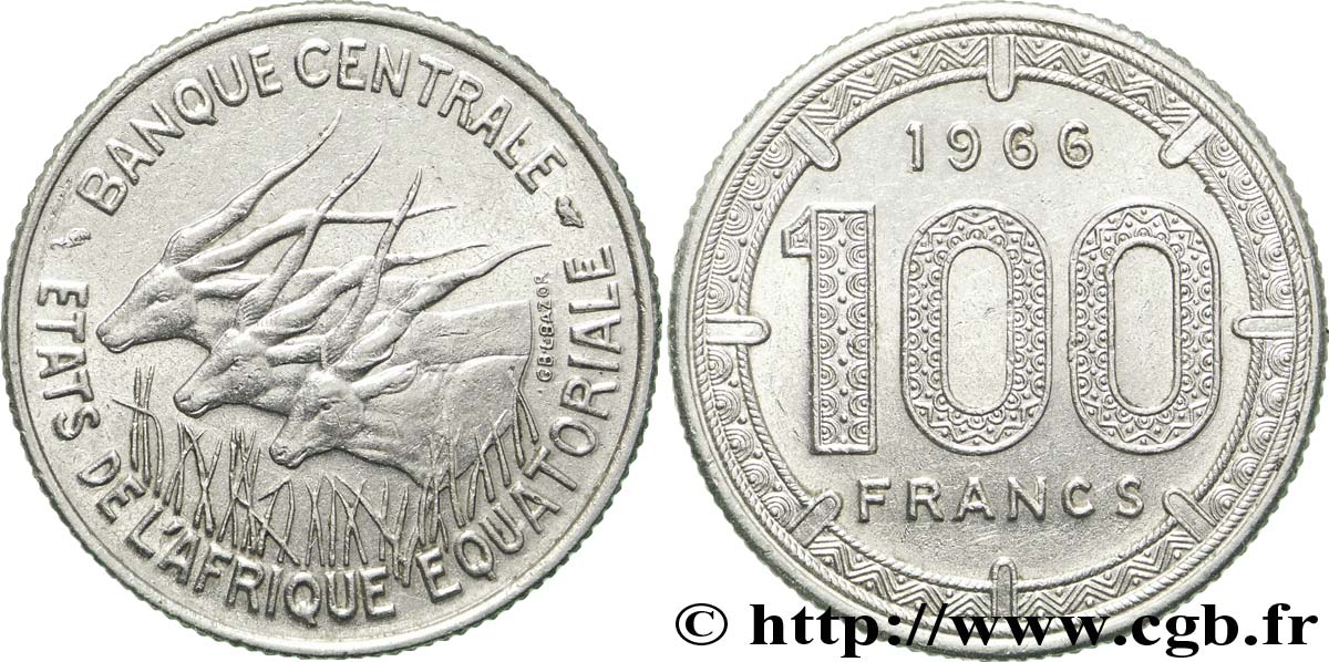 ÁFRICA ECUATORIAL  100 Francs antilopes 1966  EBC 