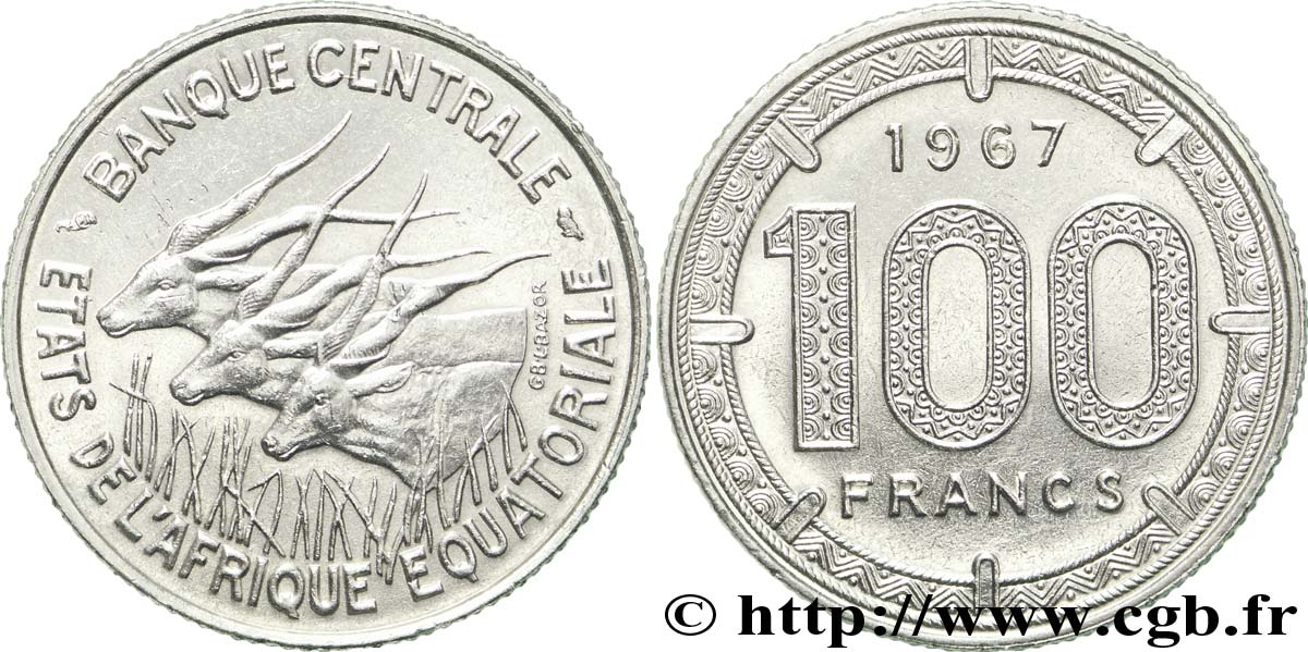 ÄQUATORIALAFRIKA 100 Francs antilopes 1967 Paris VZ 