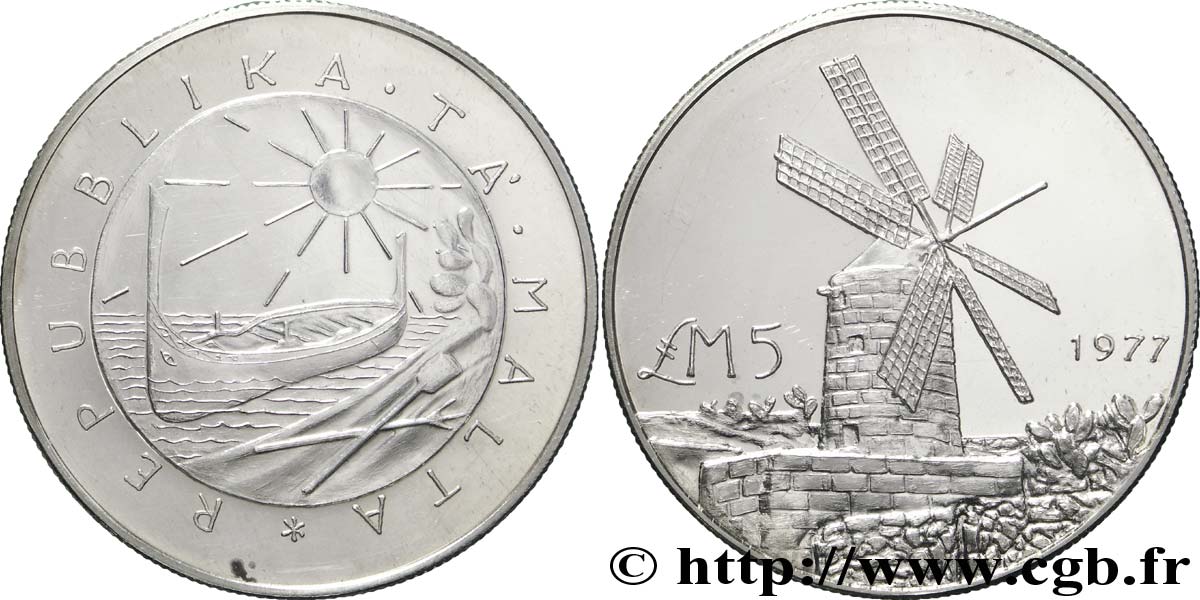 MALTA 5 Livres emblème / moulin à vent 1977  AU 