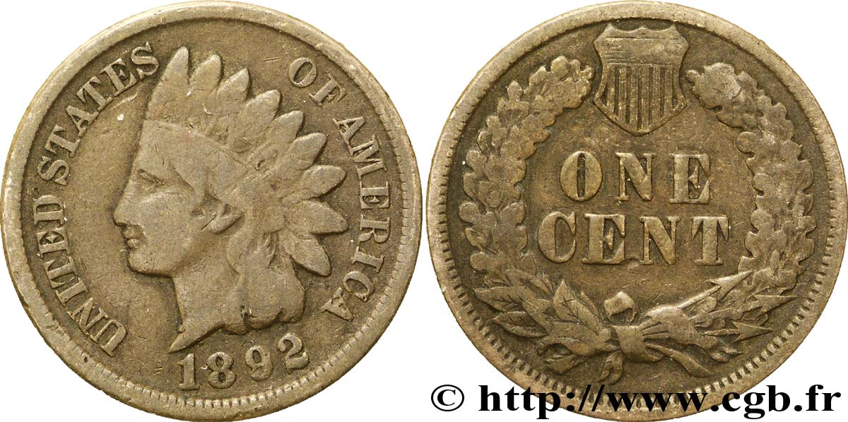 UNITED STATES OF AMERICA 1 Cent tête d’indien, 3e type 1892 Philadelphie VF 