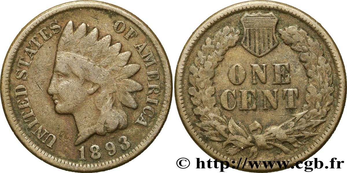 UNITED STATES OF AMERICA 1 Cent tête d’indien, 3e type 1893 Philadelphie VF 