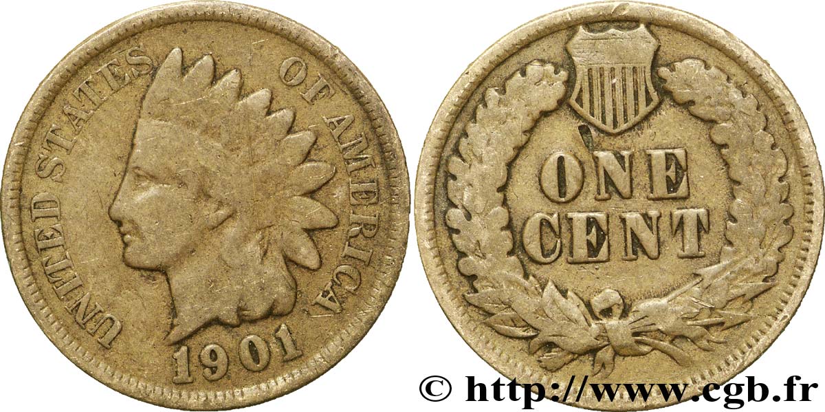 UNITED STATES OF AMERICA 1 Cent tête d’indien, 3e type 1901 Philadelphie VF 