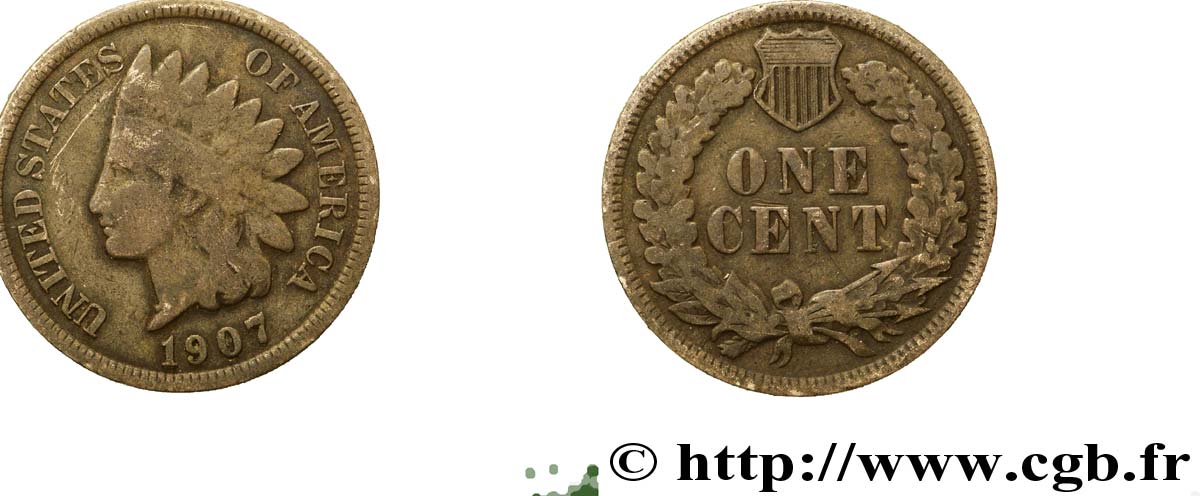 ÉTATS-UNIS D AMÉRIQUE 1 Cent tête d’indien, 3e type 1907 Philadelphie TB 