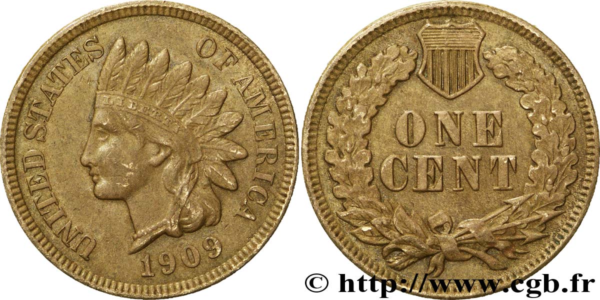 UNITED STATES OF AMERICA 1 Cent tête d’indien, 3e type 1909 Philadelphie AU 