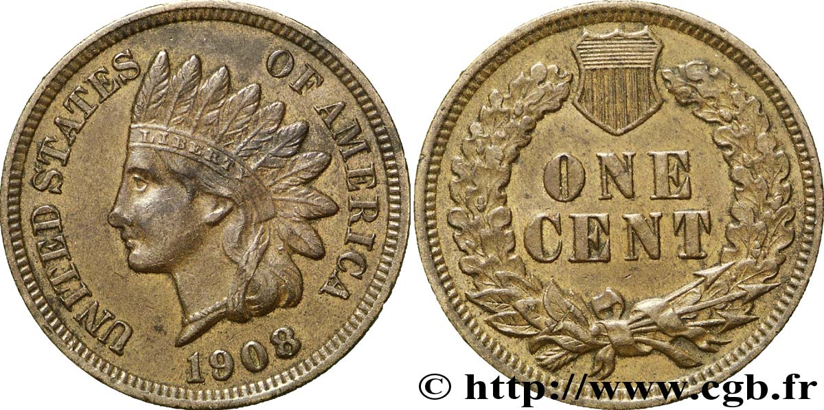 UNITED STATES OF AMERICA 1 Cent tête d’indien, 3e type 1908 Philadelphie AU 