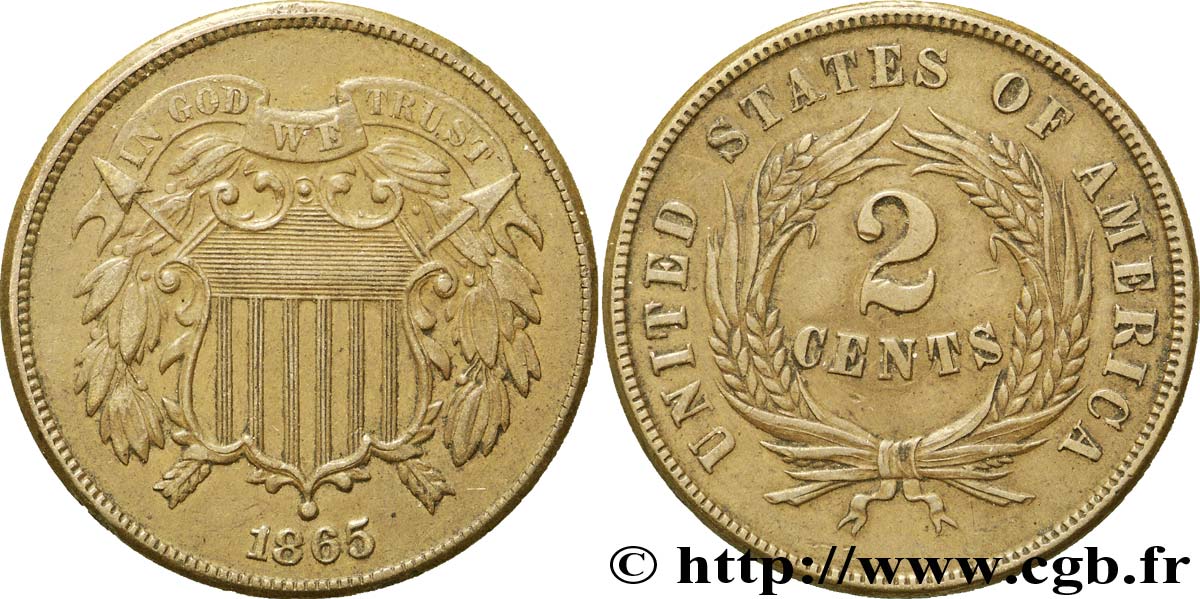 STATI UNITI D AMERICA 2 Cents Bouclier 1865 Philadelphie SPL 