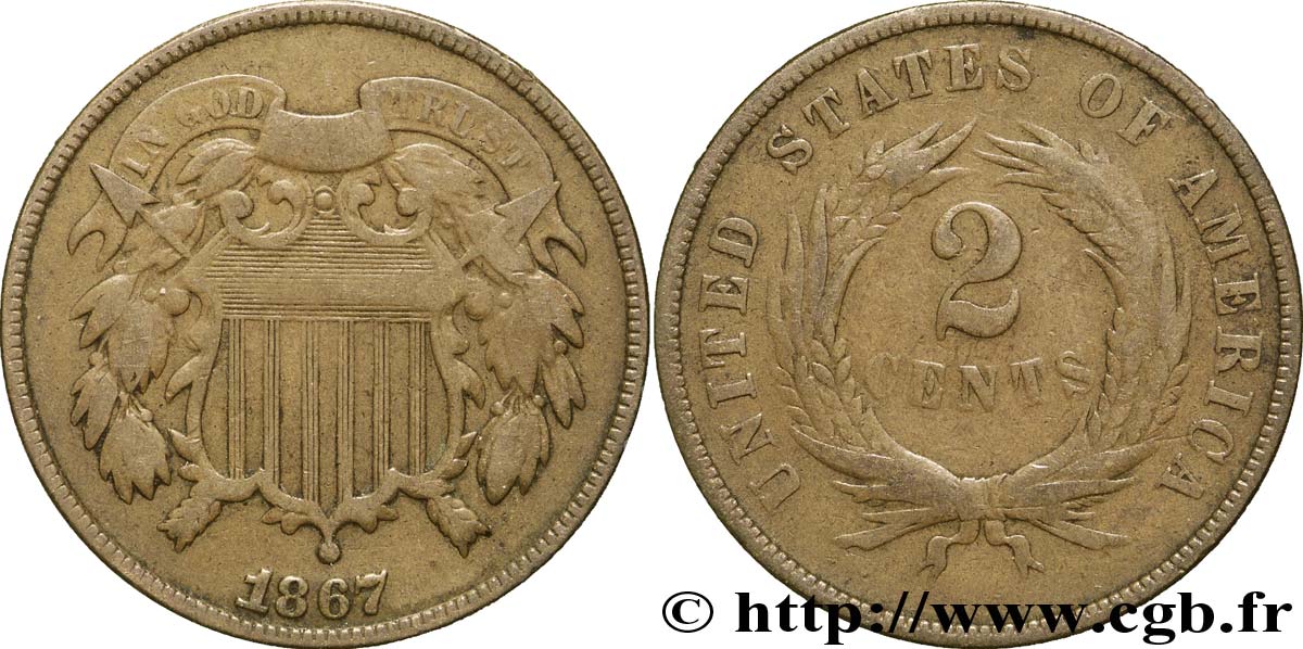 UNITED STATES OF AMERICA 2 Cents Bouclier 1867 Philadelphie VF 