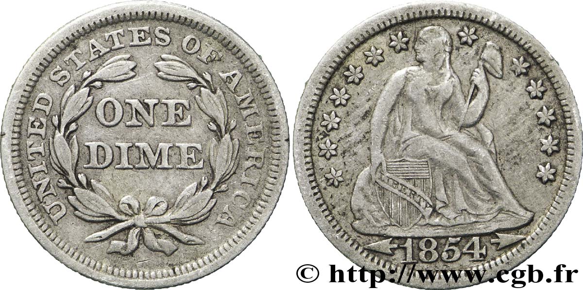 ESTADOS UNIDOS DE AMÉRICA 1 Dime (10 Cents) Liberté assise variété avec date encadrée par des flèches 1854 Philadelphie MBC 