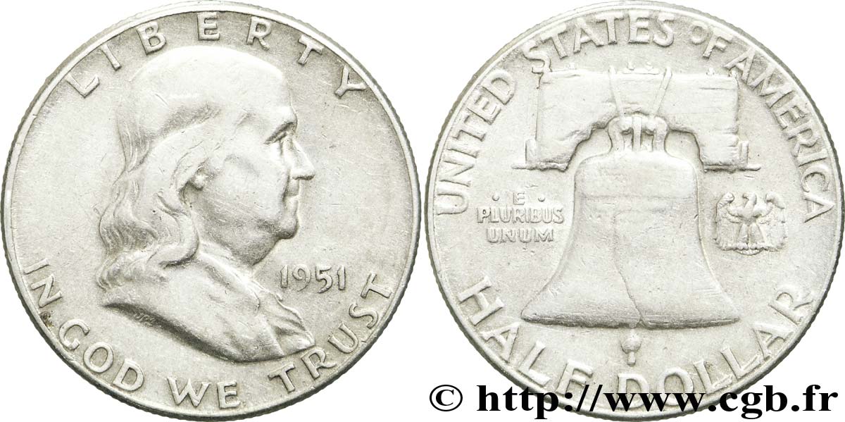ÉTATS-UNIS D AMÉRIQUE 1/2 Dollar Benjamin Franklin 1951 Philadelphie TTB 