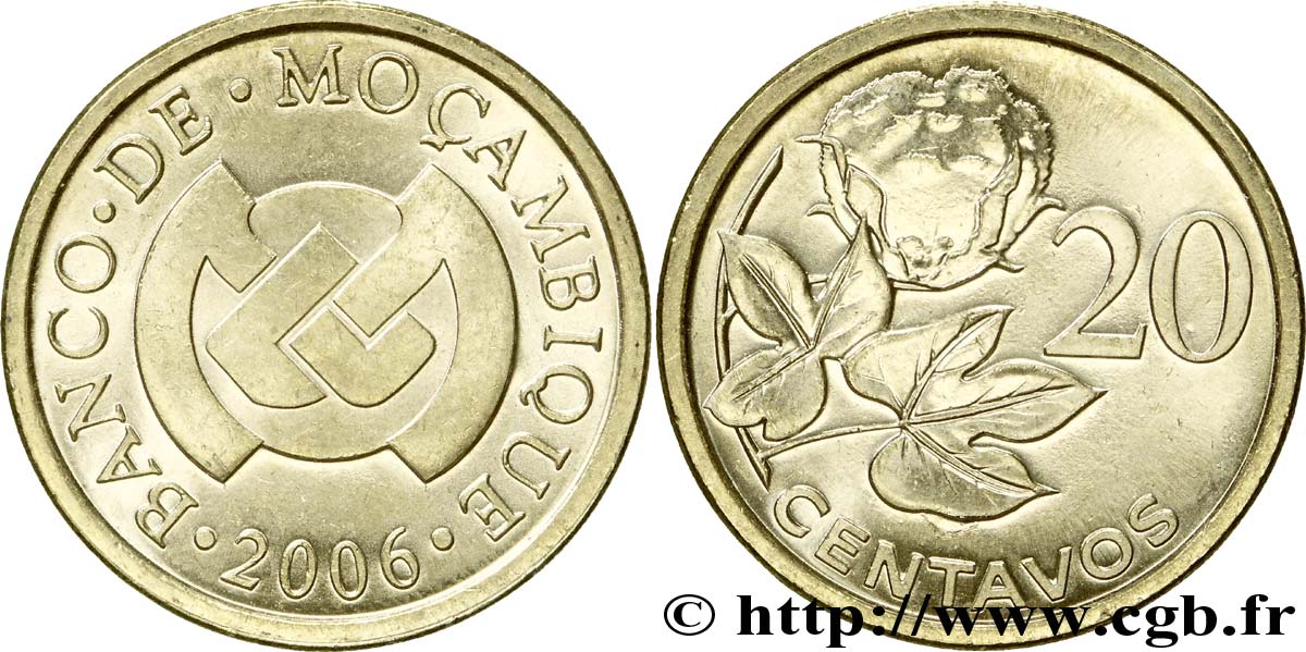 MOZAMBICO 20 Centavos emblème de la banque centrale / fleur 2006  MS 
