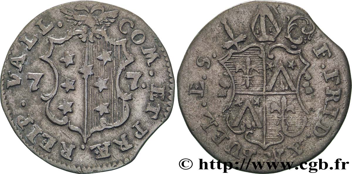 SWITZERLAND - Cantons  coinages 1/2 Batzen canton du Valais (Sitten) frappe au nom de l’évêque François-Joseph-Frédéric Ambuel 1777  VF 