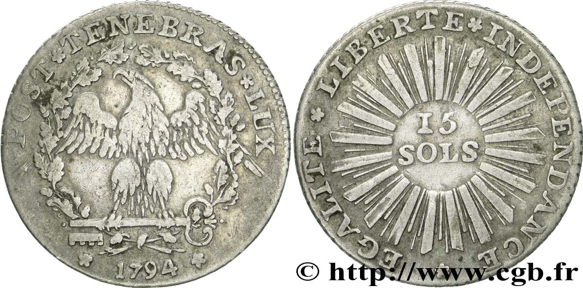 SUISA - REPUBLICA DE GINEBRA 15 Sols République de Genève monnayage révolutionnaire variété à deux rosettes encadrant la date 1794  BC 