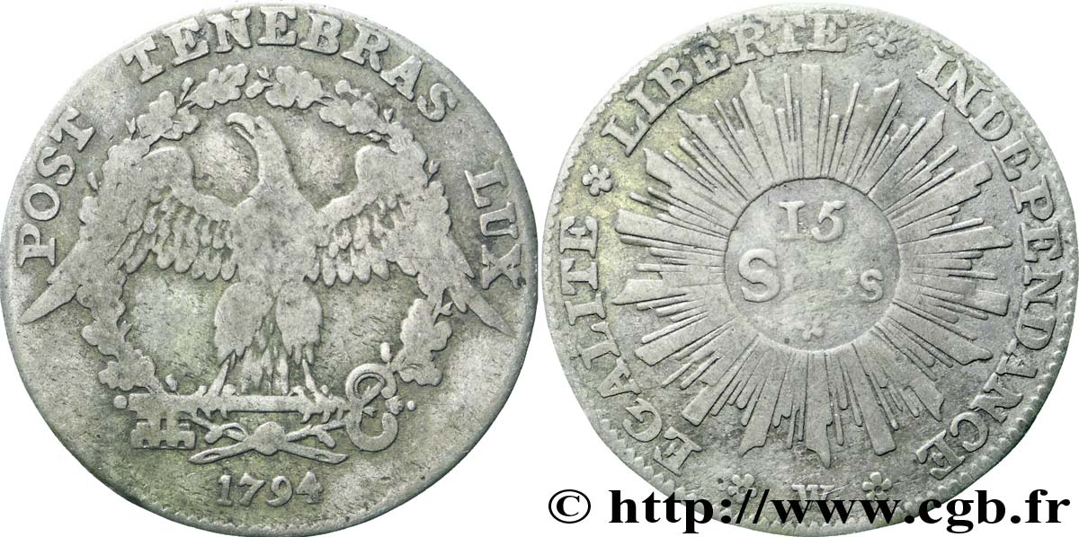 SCHWEIZ - REPUBLIK GENF 15 Sols République de Genève monnayage révolutionnaire variété à rosettes encadrant le ‘W’ 1794  S 