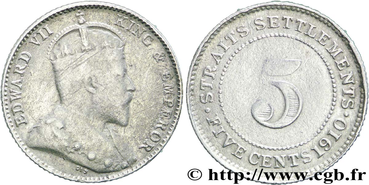 MALASIA - COLONIAS DEL ESTRECHO 5 Cents Straits Settlements Edouard VII 1910 Bombay BC+ 