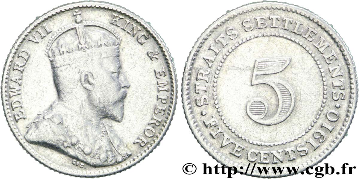 MALASIA - COLONIAS DEL ESTRECHO 5 Cents Straits Settlements Edouard VII 1910 Bombay MBC 