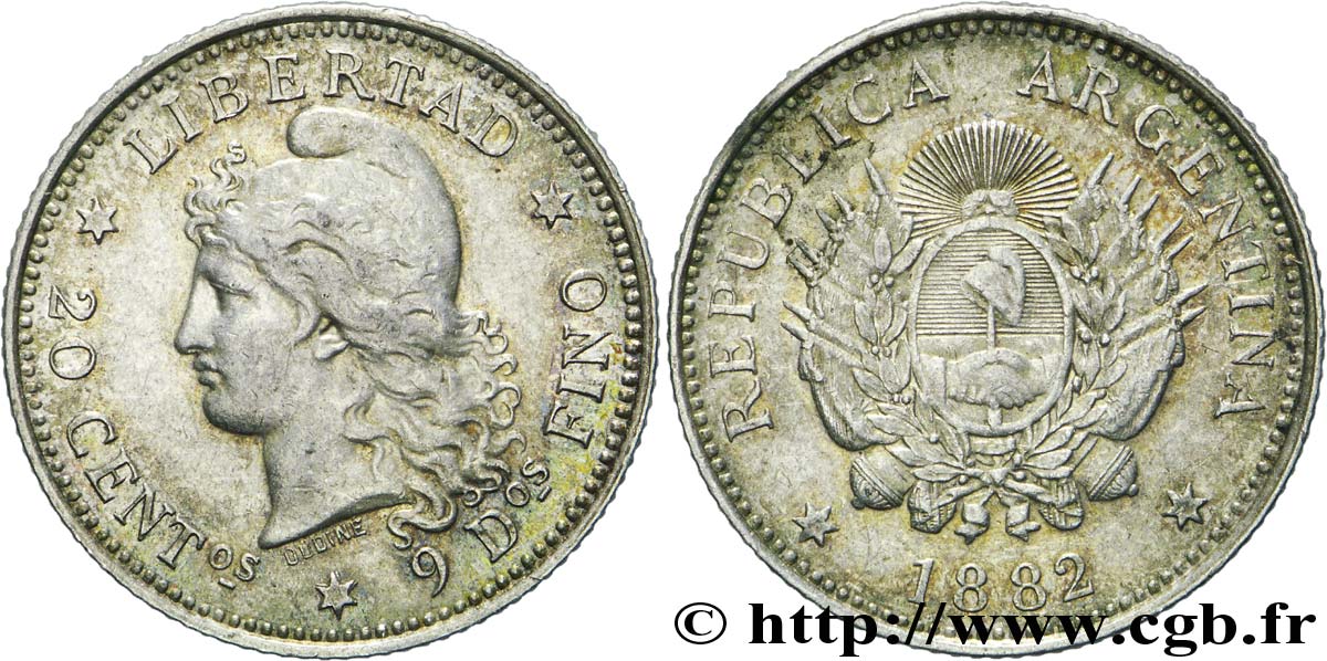 ARGENTINA 20 Centavos 1882  AU 