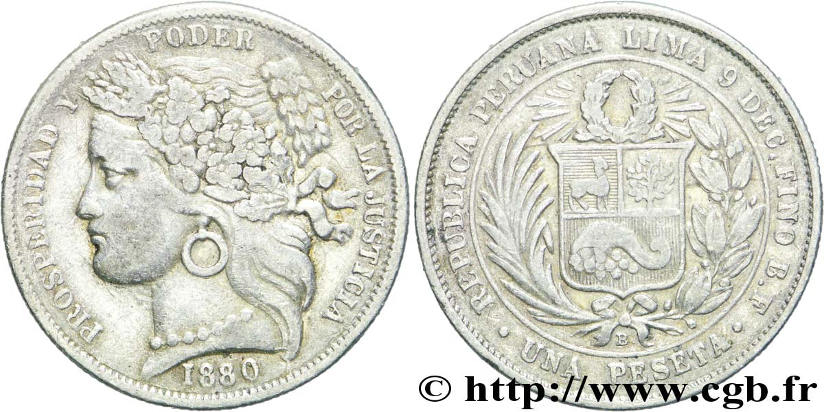 PERU 1 Peseta 1880  AU 