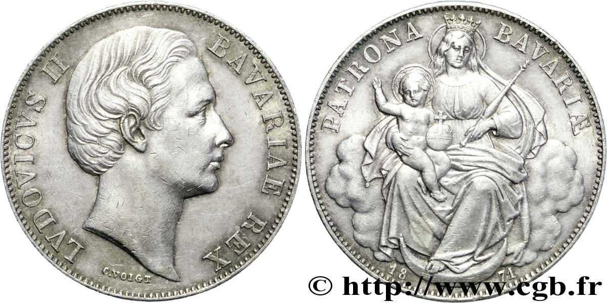 DEUTSCHLAND - BAYERN 1 Veirensthaler Louis II roi de Bavière / Madone à l’enfant 1871  VZ 