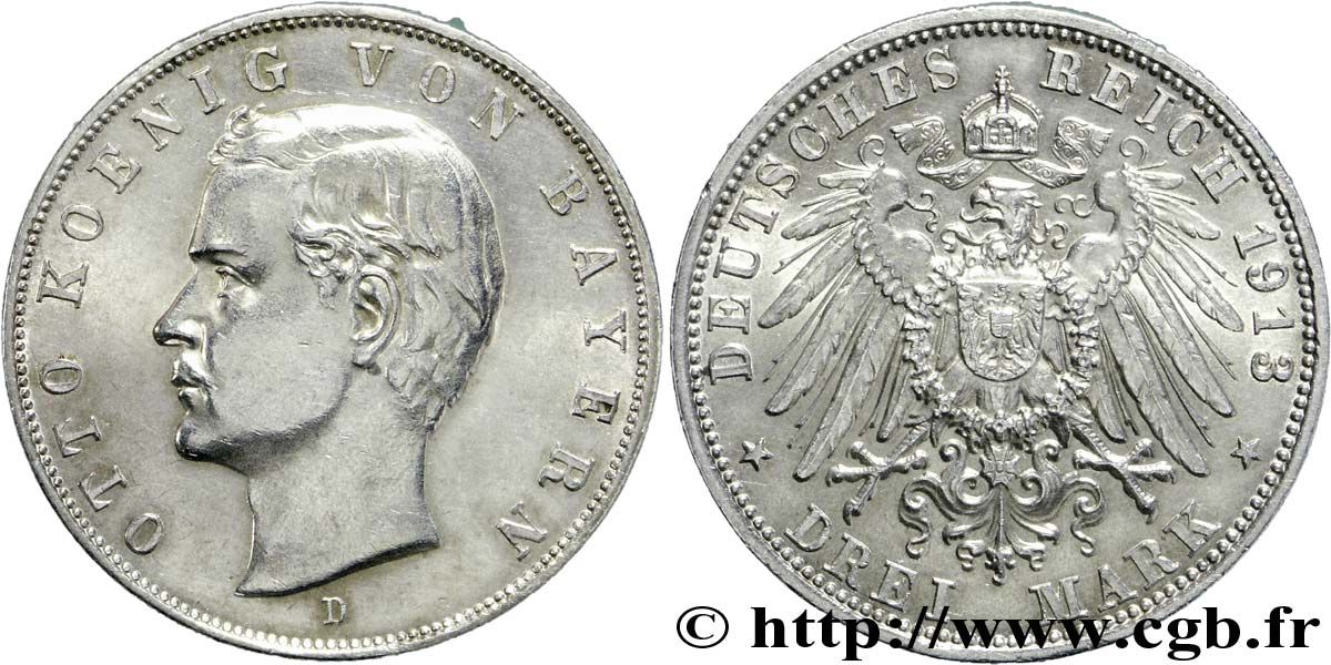 GERMANIA - BAVIERIA 3 Mark Othon roi de Bavière / aigle impérial héraldique 1913 Munich - D SPL 