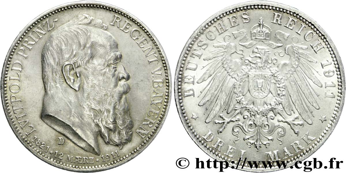 ALEMANIA - BAVIERA 3 Mark Léopold Prince-Régent de Bavière / aigle impérial héraldique 1911 Munich - D EBC 