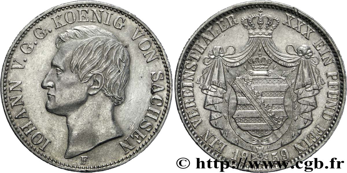 ALEMANIA - SAJONIA 1 Thaler Jean roi de Saxe / manteau d’armes couronné 1859 Dresde EBC 