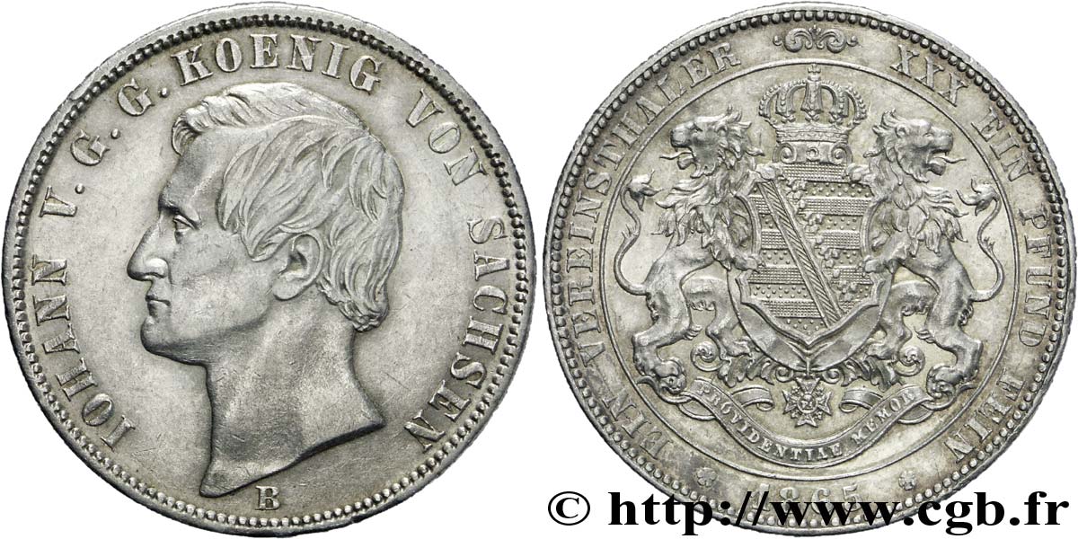ALEMANIA - SAJONIA 1 Thaler Jean roi de Saxe / manteau d’armes couronné 1865 Dresde EBC 