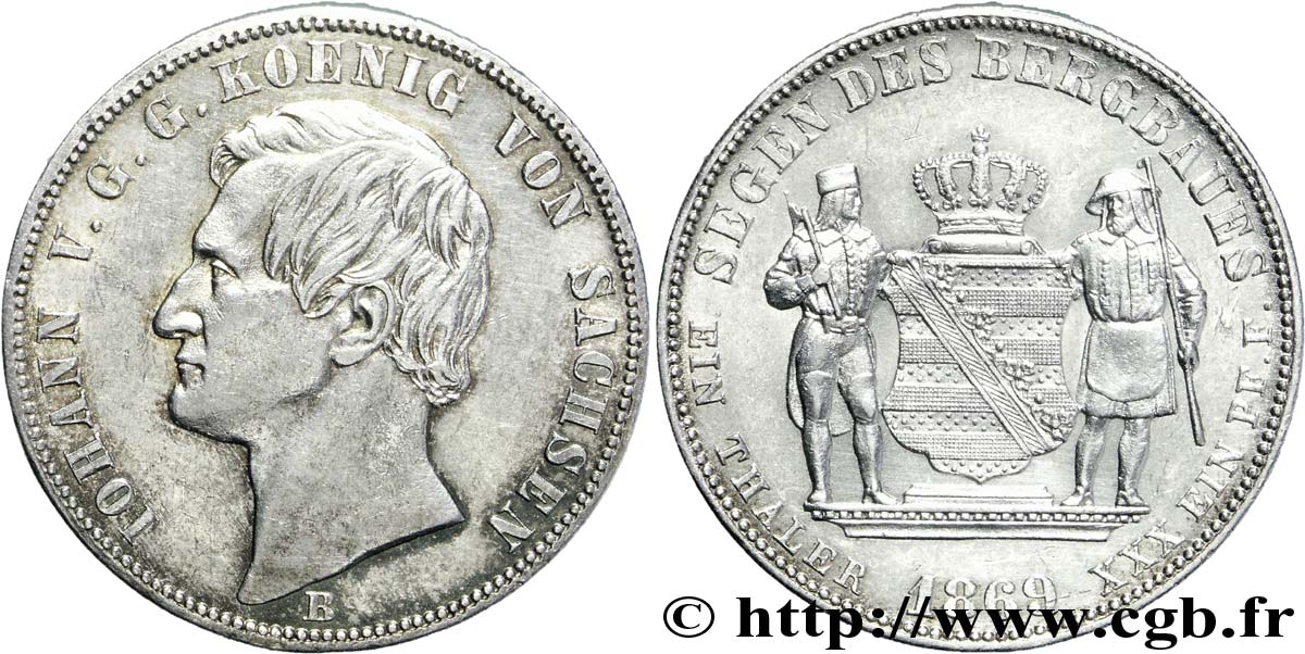 ALEMANIA - SAJONIA 1 Ausbeutaler Jean roi de Saxe / armes couronnées entourée de deux mineurs 1869 Dresde EBC 