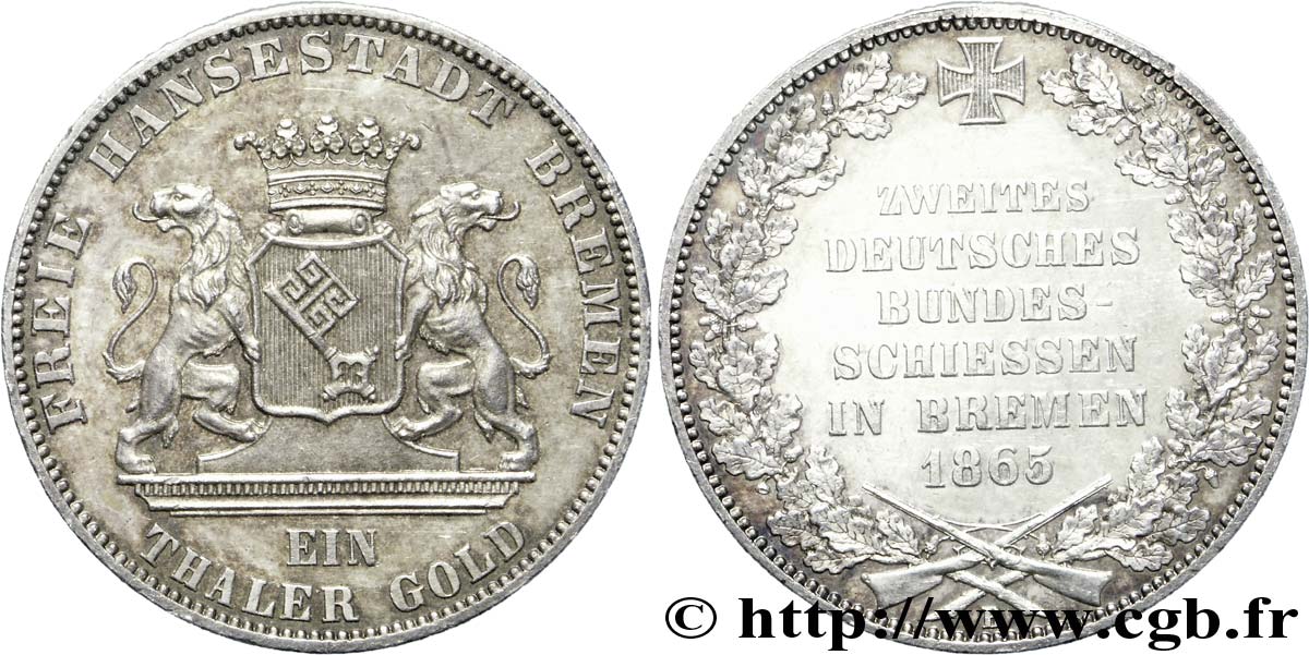 DEUTSCHLAND - FREIE HANSESTADT BREMEN  1 Gedenktaler armes couronnées encadrée par deux lions / tir fédéral à Brême en 1865 1865  VZ 