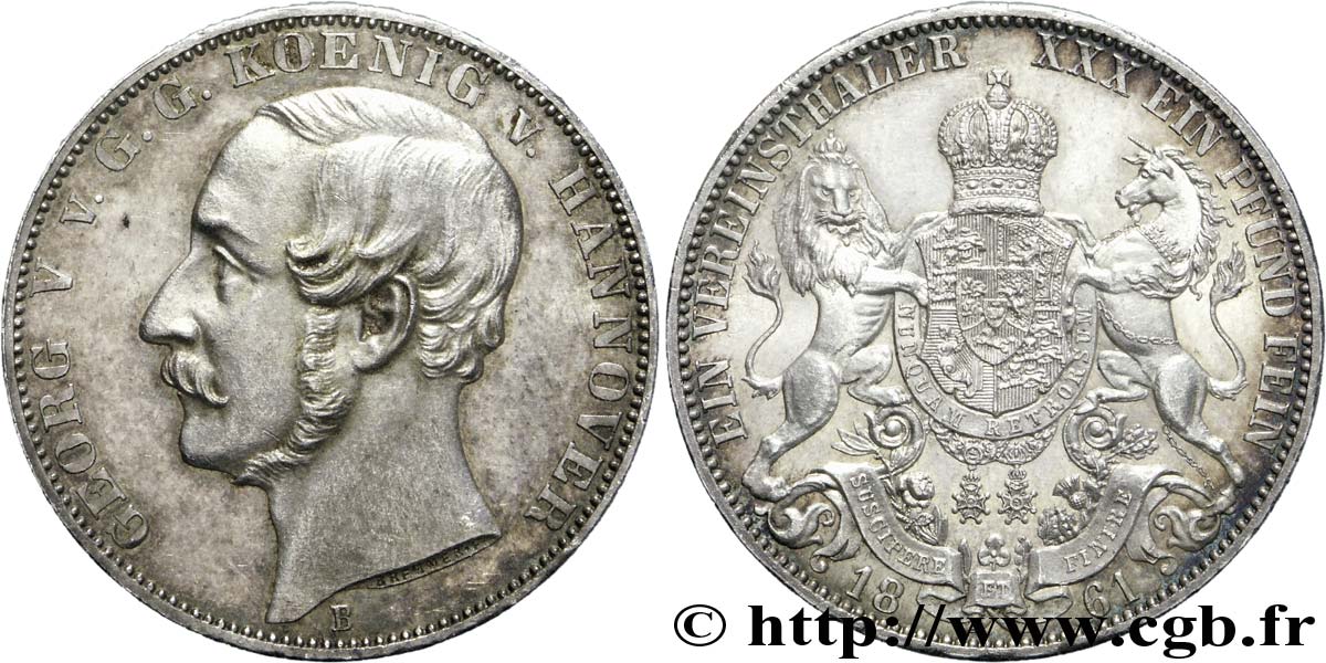 GERMANIA - HANNOVER 1 Vereinsthaler Georges V roi de Hanovre / armes couronnées encadré par un lion et une licorne 1861  SPL 