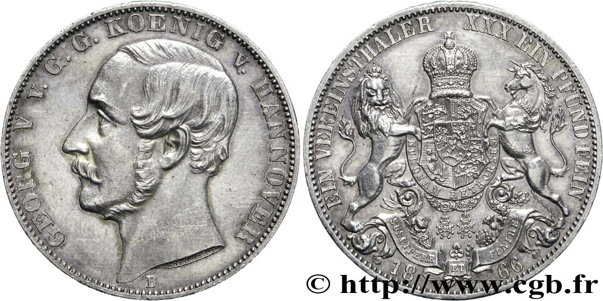 GERMANIA - HANNOVER 1 Vereinsthaler Georges V roi de Hanovre / armes couronnées encadré par un lion et une licorne 1866  SPL 