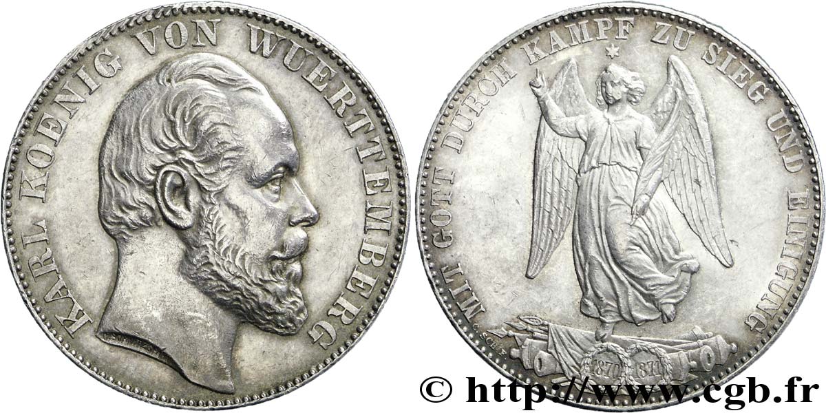 ALEMANIA - WURTEMBERG 1 Thaler Charles Ier roi du Wurtemberg / ange bénissant la victoire et l’union 1871  EBC 