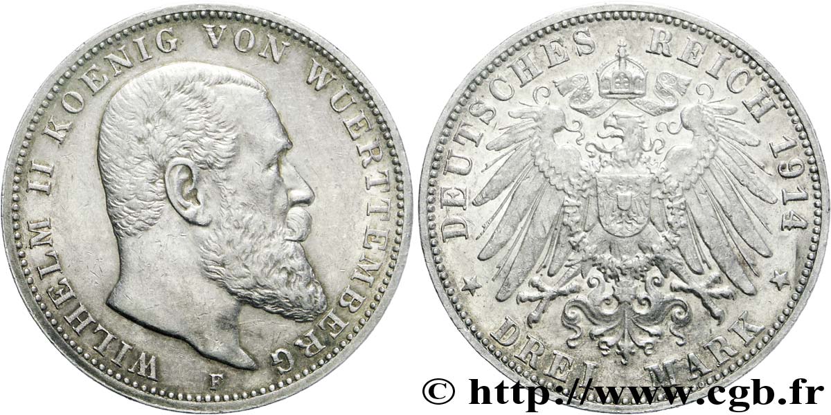ALEMANIA - WURTEMBERG 3 Mark Guillaume II roi du Wurtemberg / aigle impérial héraldique 1914 Stuttgart - F EBC 