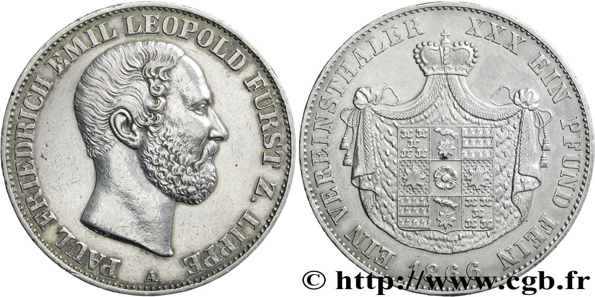 GERMANIA - LIPPE 1 Vereinsthaler (Paul Frédéric Émile) Leopold III  prince de Lippe / armes couronnées 1866  SPL 