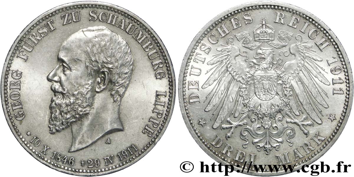 GERMANY - SCHAUMBURG-LIPPE 3 Mark Georges Prince de Schaumbourg-Lippe / aigle héraldique 1911 Berlin SPL 