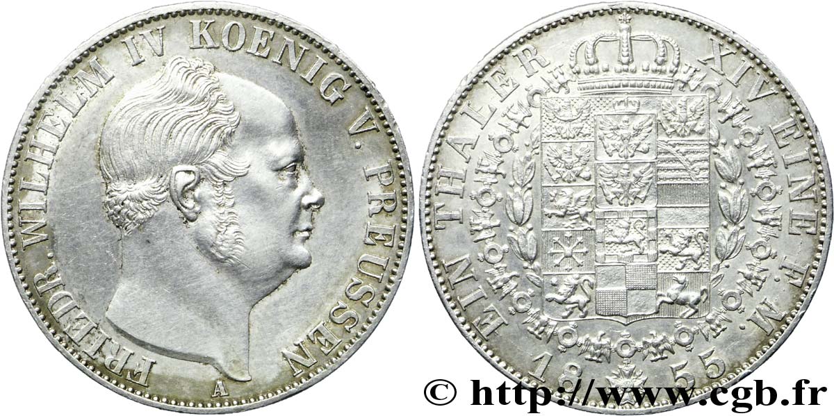 GERMANIA - PRUSSIA 1 Thaler Frédéric Guillaume IV roi de Prusse / armes couronnées 1855  SPL 