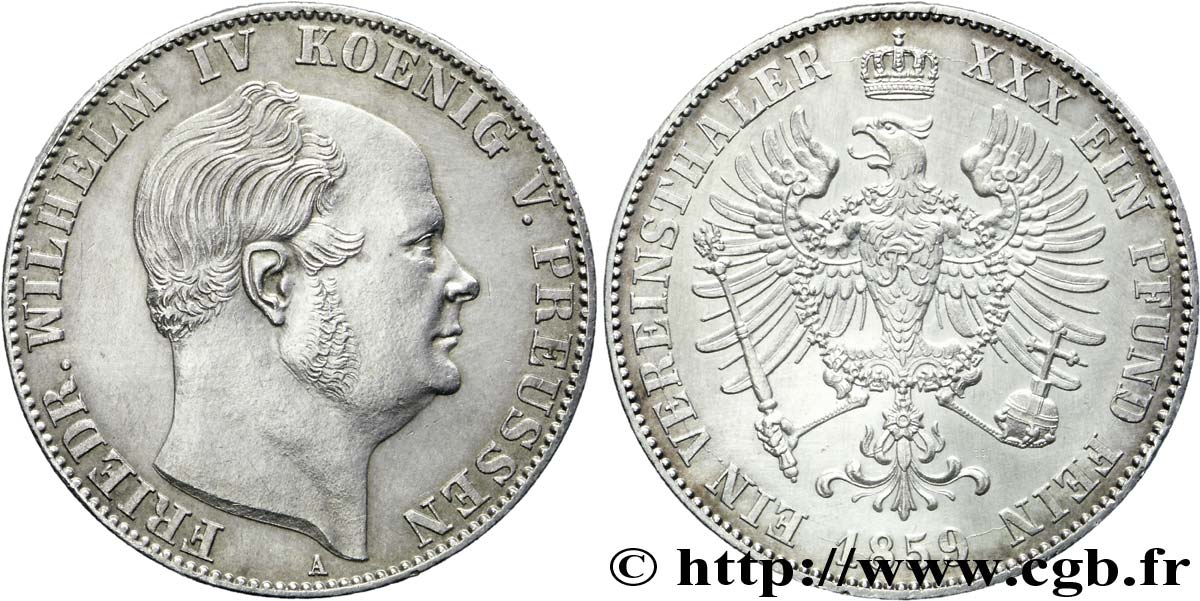GERMANIA - PRUSSIA 1 Vereinsthaler Frédéric Guillaume IV roi de Prusse / aigle héraldique 1859  SPL 