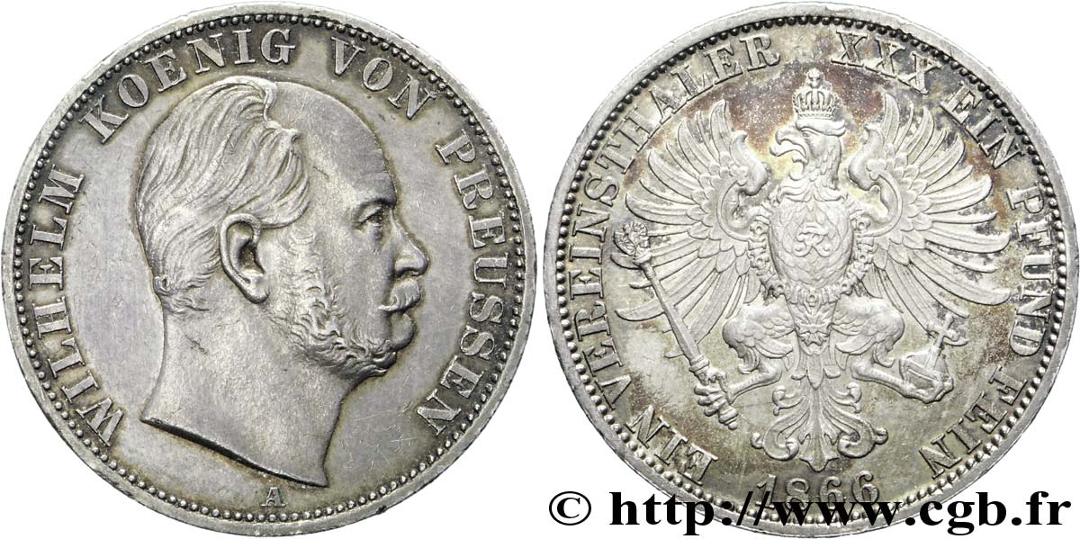 GERMANIA - PRUSSIA 1 Vereinsthaler Guillaume Ier roi de Prusse / aigle héraldique 1866  SPL 