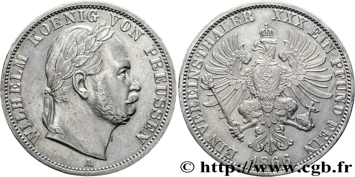 GERMANIA - PRUSSIA 1 Thaler Guillaume Ier roi de Prusse tête laurée (victoire sur l’Autriche) / aigle héraldique 1866  SPL 