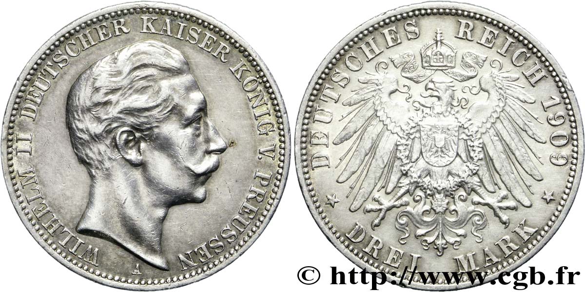 GERMANIA - PRUSSIA 3 Mark Guillaume II roi de Prusse et empereur / aigle héraldique 1908 Berlin SPL 