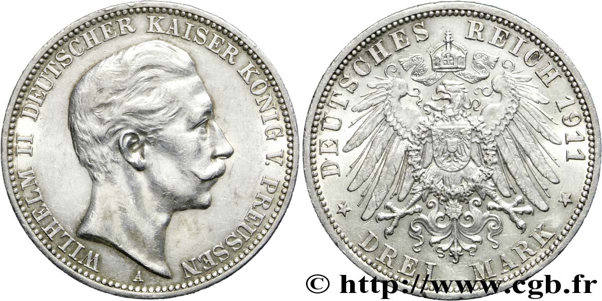 ALEMANIA - PRUSIA 3 Mark Guillaume II roi de Prusse et empereur / aigle héraldique 1911 Berlin EBC 