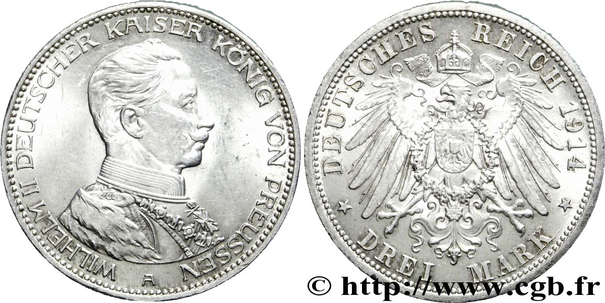 DEUTSCHLAND - PREUßEN 3 Mark Guillaume II roi de Prusse et empereur en uniforme / aigle héraldique 1914 Berlin VZ 