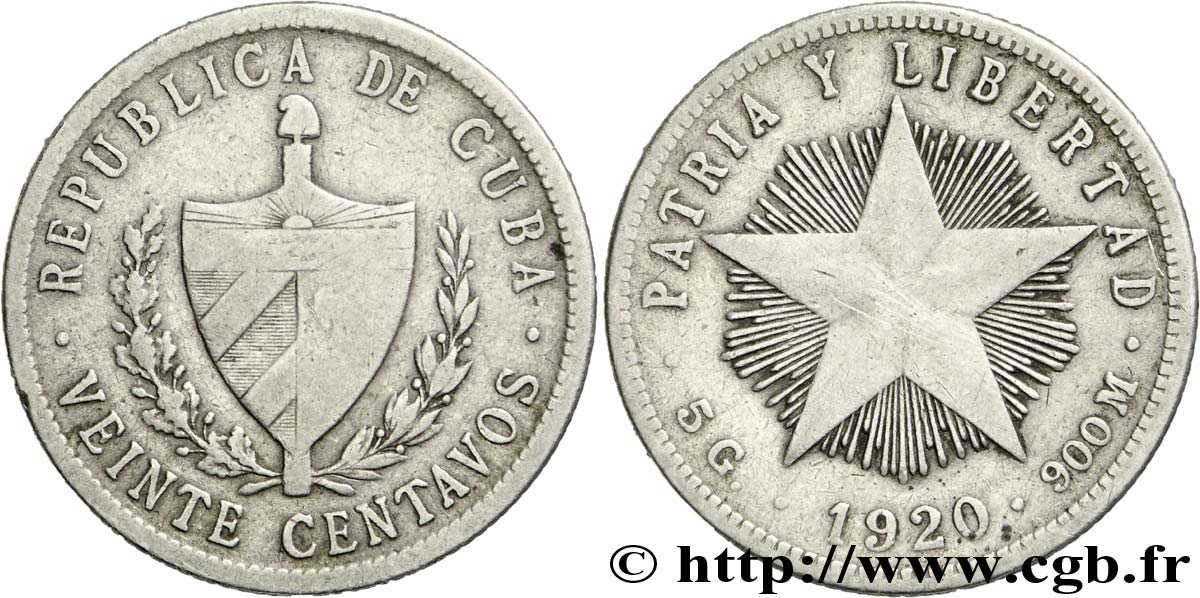 KUBA 20 Centavos emblème / étoile 1920  fSS 