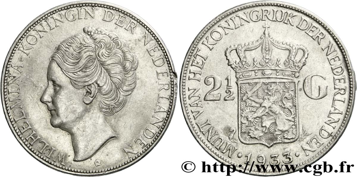 NETHERLANDS 2 1/2 Gulden Wilhelmina 1933  AU 