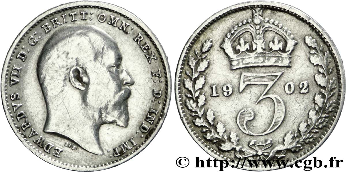 UNITED KINGDOM 3 Pence Edouard VII / couronne 1902  XF 