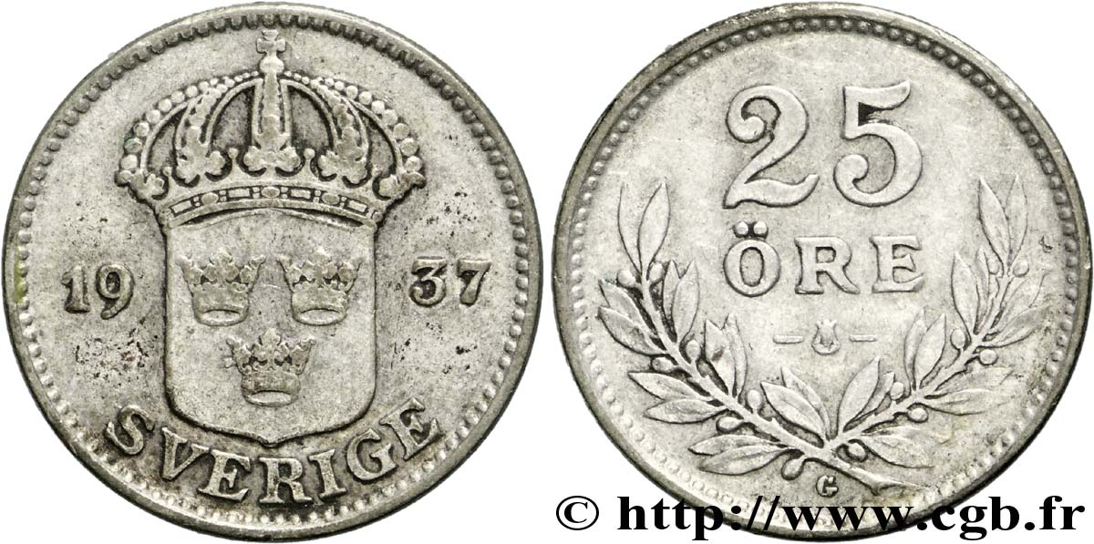 SWEDEN 25 Ore Gustave V 1937  MS 